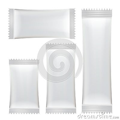 Sachet Vector Set. White Clean Blank Of Stick Sachet Packaging. Package Mock-up Plastic Pouch Snack Pack For Your Design Vector Illustration