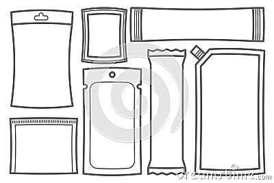 Sachets packs and pouch bags icons. Plastic and paper sticks for powder, sugar, medicine, sauce and coffee with zipper Vector Illustration