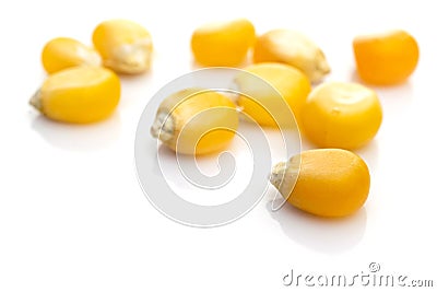 Sack corn seed isolated on white. Sweet Yellow maize kernel - agriculture popcorn background. Concept of healthy food Stock Photo