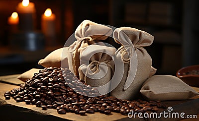 Sack of Flavors: Coffee Beans in Jute, Perfume of the Perfect Aroma...Coffee Beans in Bags, Aromas and Sensations Stock Photo