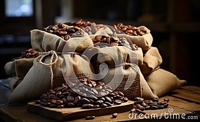 Sack of Flavors: Coffee Beans in Jute, Perfume of the Perfect Aroma...Coffee Beans in Bags, Aromas and Sensations Stock Photo