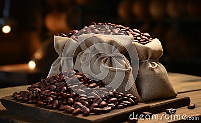 Sack of Flavors: Coffee Beans in Jute, Perfume of the Perfect Aroma.Coffee Beans in Bags, Aromas and Sensations Stock Photo