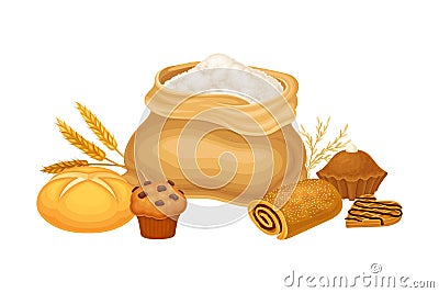 Sack with Flour and Sweet Pastry and Bread Loaf Vector Composition Vector Illustration