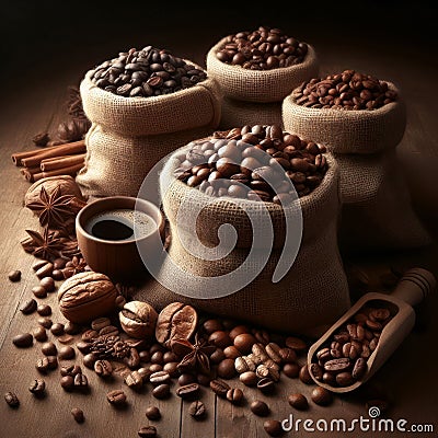 sack of fresh coffee beans and aromatic spices Stock Photo