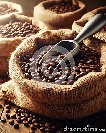 sack of fresh coffee beans for a great start Stock Photo