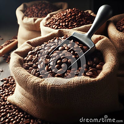 sack of fresh coffee beans with a metal scoop Stock Photo