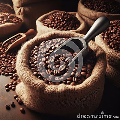 sack of fresh coffee beans with a metal scoop Stock Photo