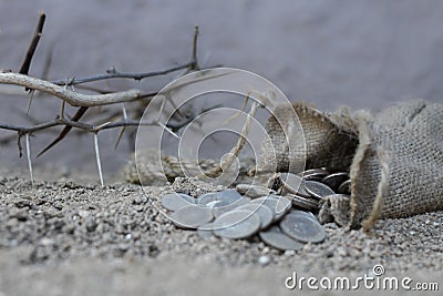 Sack with the thirty silver coins biblical symbol of the betrayal of judas Stock Photo