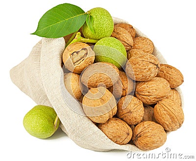 Sack of whole walnut and green walnut fruit Stock Photo