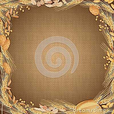 Sackcloth background with the wheat foodstuff at the edges Stock Photo