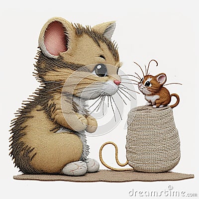 Sackcloth textured tapestry cartoon kitten and mouse. Embroidery animals vector background illustration pattern. Little cat and Vector Illustration