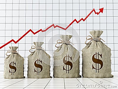 Sacks with Dollar symbol under rising arrow growing in size. 3D illustration Cartoon Illustration