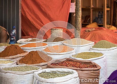 Sacks full of bulk spices, beans, and coffee at a market in Harar, Ethiopia Stock Photo