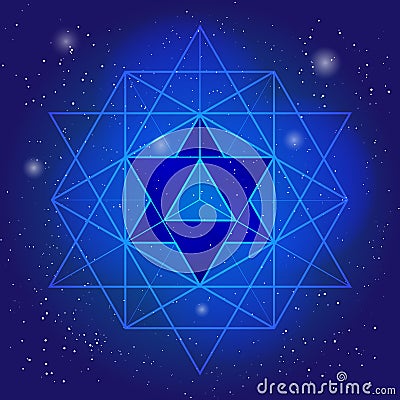 Sacral geometry design with polygon on background of space and stars. Magic symbol, mystical crystal. Spiritual graphic. Vector Illustration