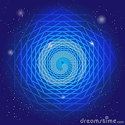 Sacral symbol in the space, on deep blue sky with stars. Spiritual design. The passage of time in universe. Vector Illustration