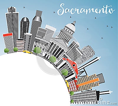 Sacramento Skyline with Gray Buildings, Blue Sky and Copy Space. Stock Photo