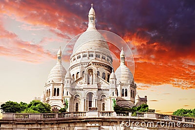 Sacre Coeur Cathedral on Montmartre Hill at Dusk Stock Photo