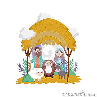 Sacred family sheep and donkey manger nativity, merry christmas Vector Illustration