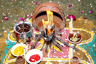 Sacred fire for Puja . Selective focus is used Stock Photo