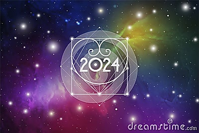Sacred Geometry Astrological New Year 2024 Greeting Card or Calendar Cover on Cosmic Background Stock Photo