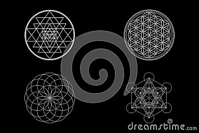 Sacred Geometry Background, Sri Yantra, Flower Of Life, Torus, Metatron Symbols Isolated on Black Background. Stock Photo