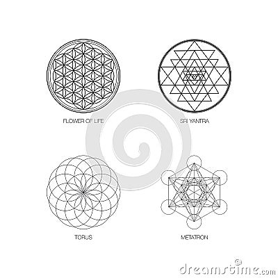 Sacred Geometry Symbols, Sri Yantra, Flower Of Life, Torus, Metatron Symbols Isolated on White Background Stock Photo