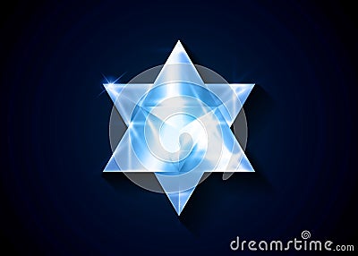 Sacred geometry. 3D crystal Merkaba geometric triangle shape. esoteric or spiritual symbol. isolated on blue background. Glass ice Vector Illustration