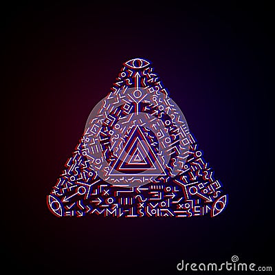 Sacred geometry drawings with glitch effect. Mysterious figures, symbols, triangle, eye etc. Design symbols for puzzle Vector Illustration