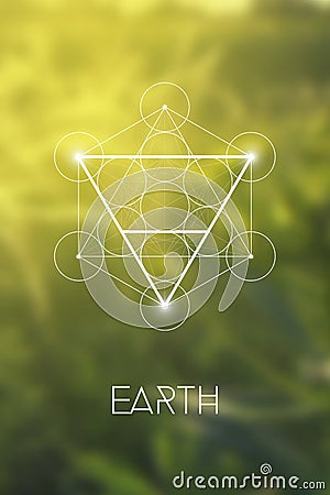 Sacred geometry Earth element symbol inside Metatron Cube and Flower of Life in front of natural blurry background Stock Photo