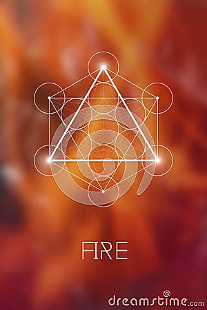 Sacred geometry Fire element symbol inside Metatron Cube and Flower of Life in front of natural blurry background Stock Photo