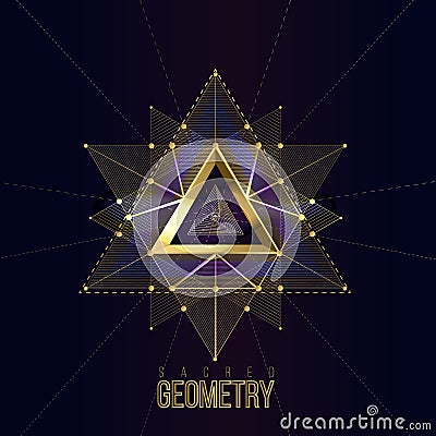 Sacred geometry forms on space background, shapes of gold lines for logo Vector Illustration