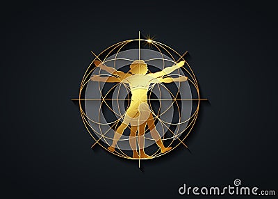 Sacred Geometry gold symbol. The Vitruvian man. Detailed drawing on the basis of golden artwork by Leonardo da Vinci, vector logo Vector Illustration