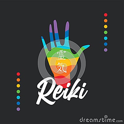 Sacred geometry. Reiki symbol. Logotype spiritual practice. The colors of the chakras in the healing hand. Vector. Vector Illustration