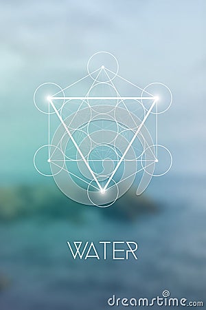Sacred geometry Water element symbol inside Metatron Cube and Flower of Life in front of natural blurry background Stock Photo