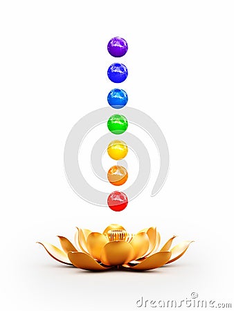 Sacred golden lotus flower with chakra rainbow colored spheres Stock Photo