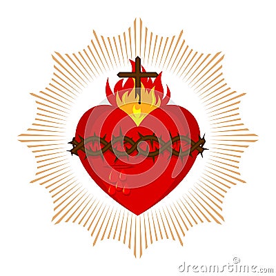 Sacred Heart of Jesus Christ, Lord and Savior of the world. Cross in the flame of the Holy Spirit, crown of thorns and holy blood Vector Illustration