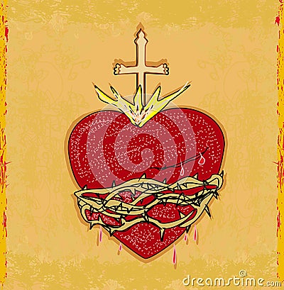 The Sacred Heart of Jesus on grunge background Vector Illustration