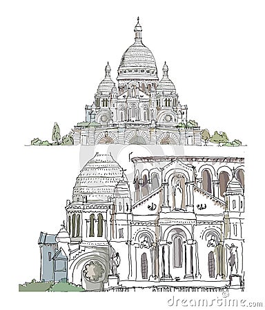 Sacred Heart in Montmartre, Paris Sketch Vector Illustration