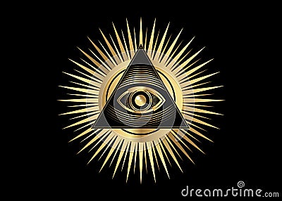 Sacred Masonic symbol. Gold All Seeing eye, the third eye The Eye of Providence inside triangle pyramid. New World Order Vector Illustration