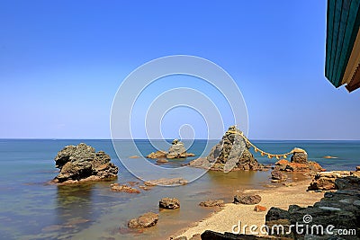 Sacred Meoto Iwa (Wedded Rocks) near Futamiokitama Shrine Stock Photo