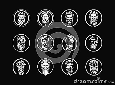 Sacred Old Man icon set, godhead portrait, round silhouette logo of faith and spirituality. Reverent silhouette of a Vector Illustration