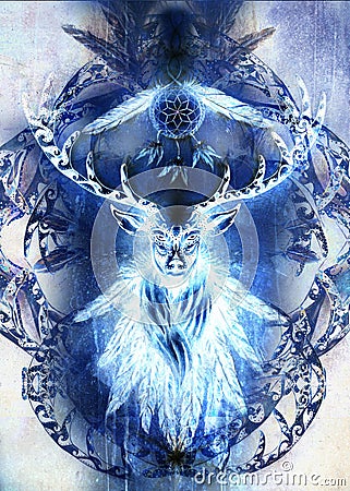 Sacred ornamental deer spirit with dream catcher symbol and feathers. Winter effect. Stock Photo