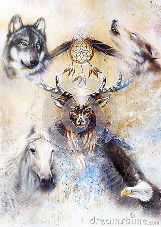 Sacred ornamental deer spirit with dream catcher symbol and feathers and wolf, horse, eagle in cosmic space. Stock Photo