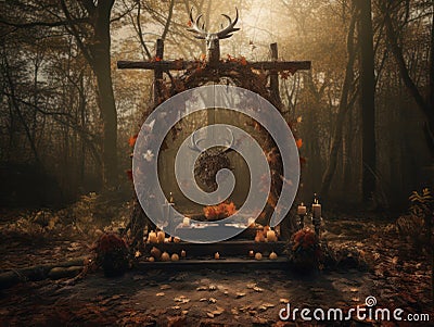 Sacred pagan altar in a forest. Burning candles, deer antlers, wood steps and sacrifice Stock Photo
