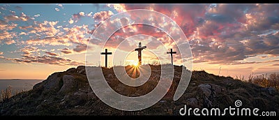 The Sacred Significance of Three Crosses on the Mountain on Good Friday - Mark 7:3 Stock Photo