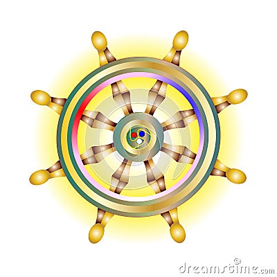 Sacred symbol, Golden Dharma wheel icon. Holy Buddhism sign. Dharmachakra spiritual. Vector illustration innermost Vector Illustration