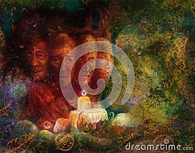 Sacred tree of four faces, fantasy colorful painting Stock Photo