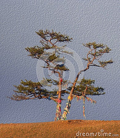 Sacred tree for worship, pine with colorful ribbons Hadak on sky background, island Olkhon, Baikal, Russia, illustration simulates Stock Photo