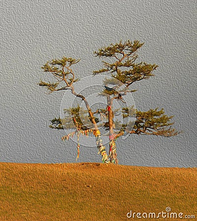 Sacred tree for worship, pine with colorful ribbons Hadak on sky background, island Olkhon, Baikal, Russia, illustration simulates Stock Photo