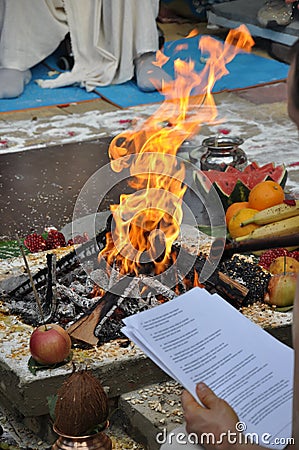 Sacrifice fire in Vedic wedding Stock Photo